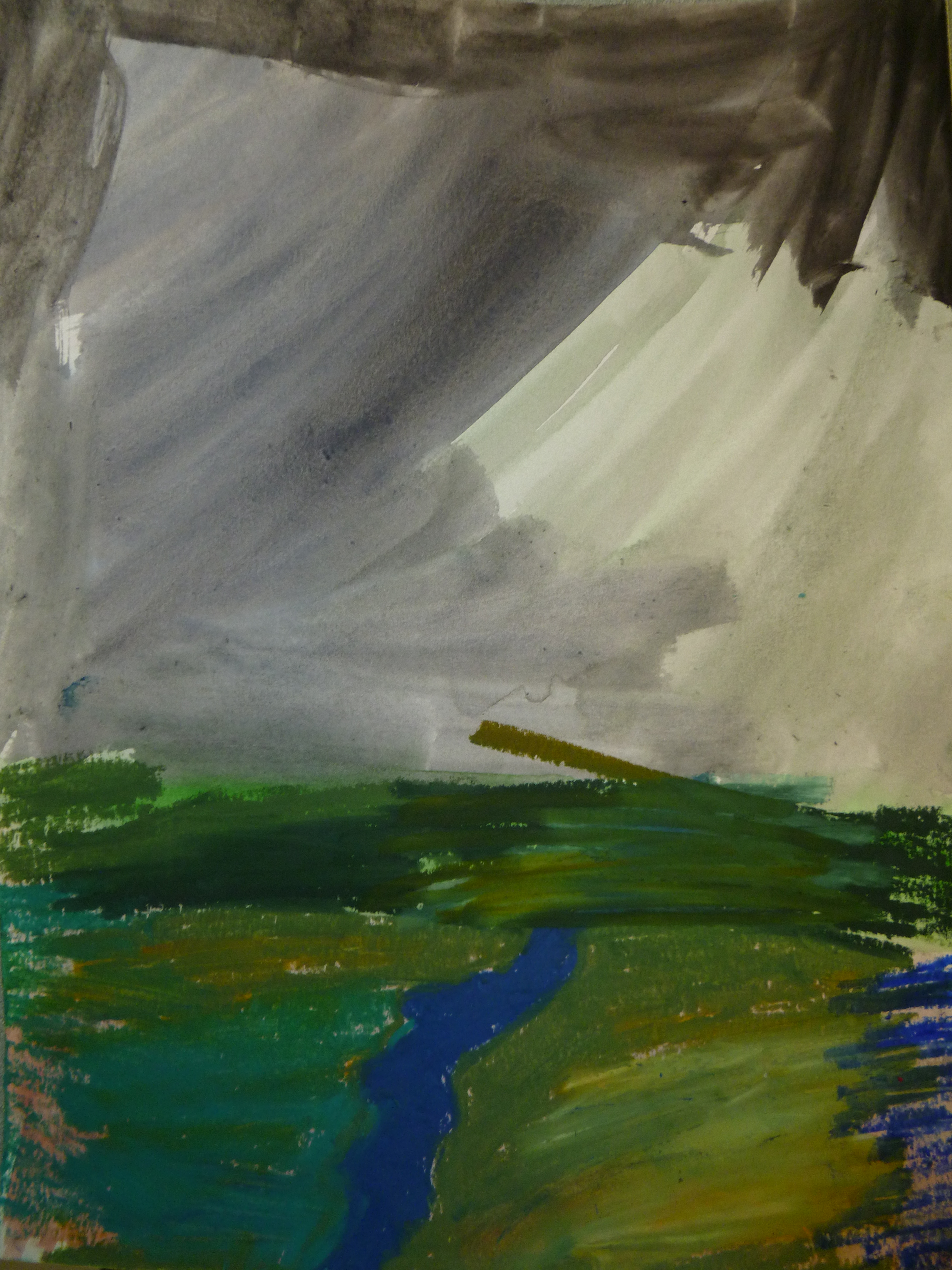 "Storm over the Skagit" untitled student work oil pastel over watercolor